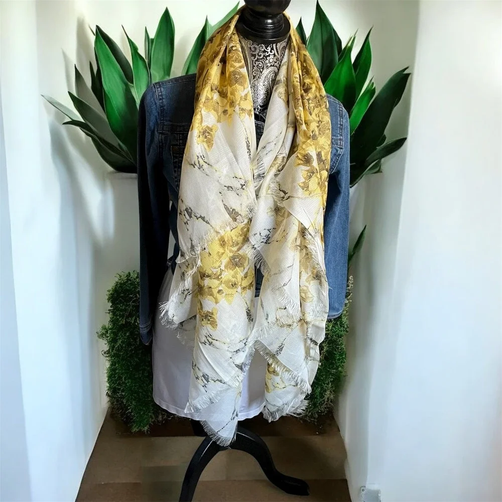 Large‎ mustard yellow Floral scarf Shawl Wrap Lightweight Silk 46.5